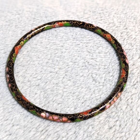 Vintage 1970's Black & Pink Chinese Cloisonne Enamel Floral Bangle Bracelet - Picture 3 of 13